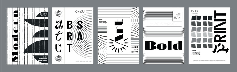 Abstract modern monochrome poster template. Banner set layouts with linear grids, distorted round forms, curling element textures, simple stars. Black and white covers design. Vector illustration.