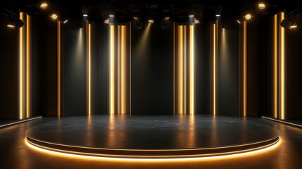 Wall Mural - dark stage with round platform and golden lights.