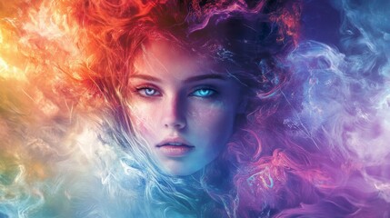 Wall Mural - woman's face surrounded by vibrant, swirling smoke, depicting fire and ice.