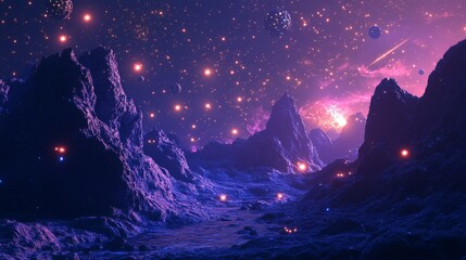 Wall Mural - a surreal cosmic landscape with glowing asteroids