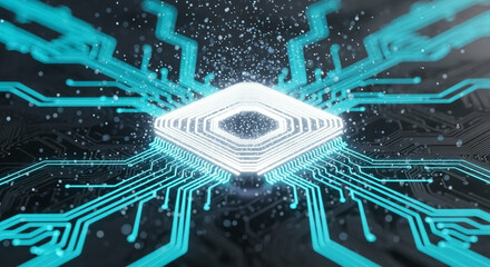 Wall Mural - glowing circuit board abstract with bright blue lines on dark backdrop in a futuristic style