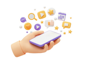 3d hand holding smartphone with floating app icons set isolated on transparent background