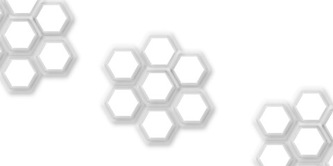 Wall Mural - An abstract arrangement of interconnected hexagonal shapes in subtle white and light gray, with soft shadows, creating a minimalist and modern honeycomb-like pattern on a clean white background.