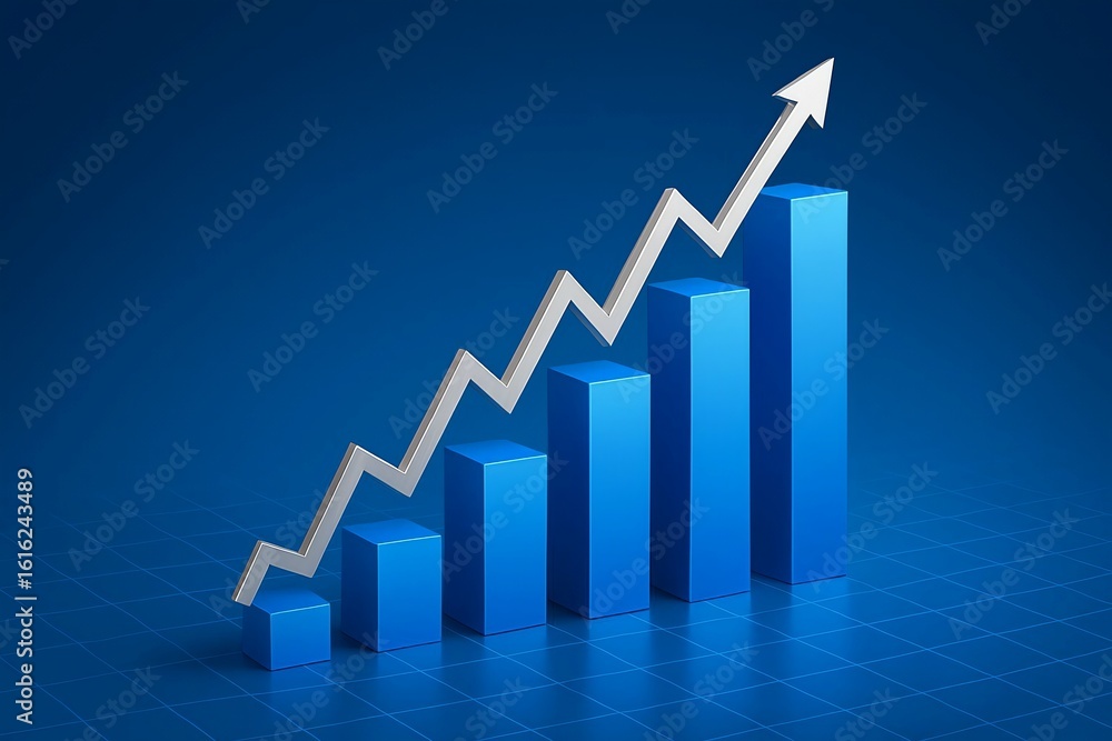 Blue bar graph with upward trending arrow showing financial growth and ...