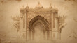© Suravi - Intricate Mughal Archway Drawing with Decorative Domes and Floral Motifs on Aged Paper Mughal architecture