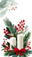 Wall Mural - christmas centerpiece with two burning candles, red berries, and pine branches
