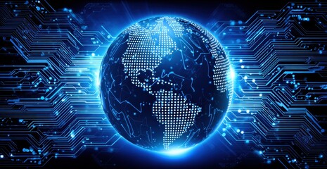 Wall Mural - a digital earth with glowing lines and a circuit board background, symbolizing global network techno