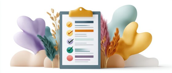Modern Dashboard Interface Illustration Featuring Research Checklist and Colorful Graphic Elements for Project Tracking