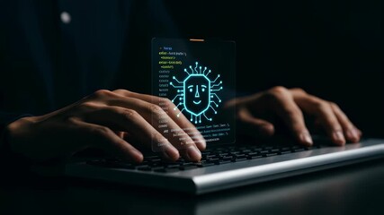 Male coder typing on keyboard with glowing artificial intelligence face. Digital coding concept for ai software development footage.