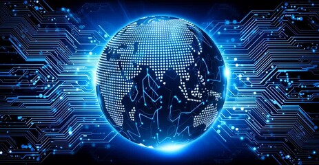 Wall Mural - a digital earth with glowing lines and a circuit board background, symbolizing global network techno