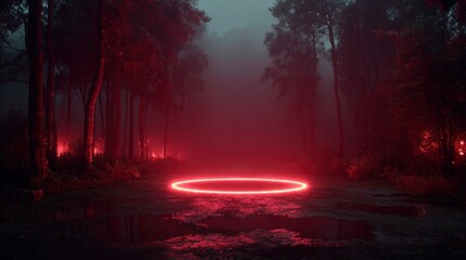 Wall Mural - A vibrant red light forms a perfect circle in a misty forest clearing. Surrounding trees create an ethereal atmosphere as fog gently envelops the area during twilight.