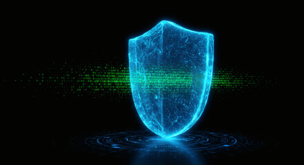 Holographic blue shield icon for cybersecurity, data protection, and online network safety on a futuristic dark technology background.