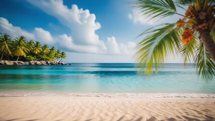 Wall Mural - a palm tree stands tall on a sandy beach next to a calm body of water