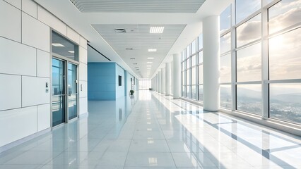  Modern bright office building hallway with large windows and natural light