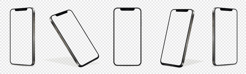 Wall Mural - mobile phone mockups, set of phones transparent screen in different angles isolated on transparent b