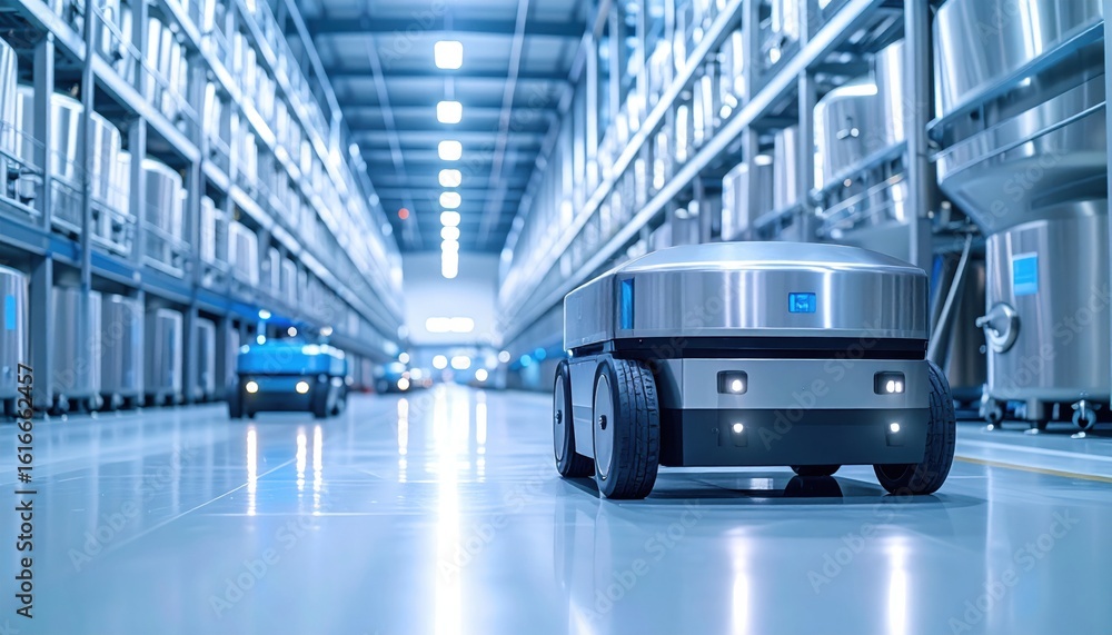 Automated warehouse robots navigating a smart logistics facility under ...