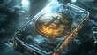© mevideo - Digital bitcoin concept render on smartphone with transparent ice surface, symbolizing modern crypto currency, cold storage security, and the future of digital financial technology systems electronic