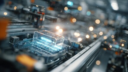 Wall Mural - futuristic automated robotic arms assembling transparent computer chips with glowing blue and orange