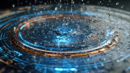 Wall Mural - water droplets are falling on a futuristic heads up display interface, creating ripples and splashes