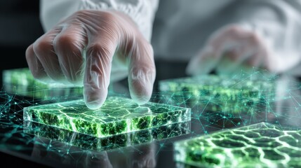 Wall Mural - gloved scientist interacting with futuristic holographic display featuring emerald wafers, symbolizi