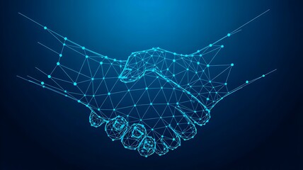 Low poly handshake of digital agreement with futuristic wireframe design