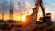 © Bagas - Silhouette of cranes and excavators at construction site during sunset, dramatic orange sky, industrial machinery in shadows, moody and cinematic style, wide angle composition