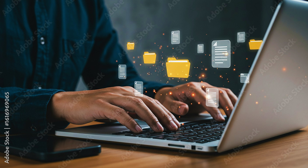 Person Typing on Laptop with Floating Files & Folders: Data Management ...