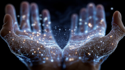 Wall Mural - data network connections: abstract representation of hands cradling a network of interconnected data