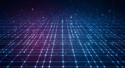 Wall Mural - Abstract blue and purple grid with glowing nodes and particles