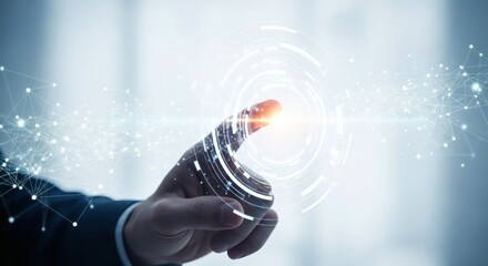 Wall Mural - Finger touches glowing digital interface with network connections