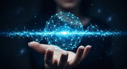 Wall Mural - Hand holding glowing blue network sphere against starry background