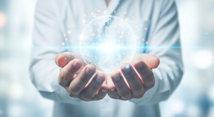 Wall Mural - Man holding a glowing orb of data in his hands