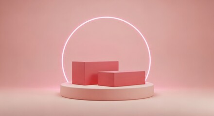 Wall Mural - two pink rectangular platforms on a circular base with a neon pink arc