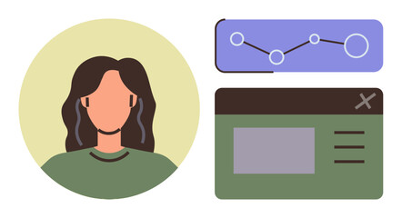Woman with headphones beside data graph and interface panel. Ideal for tech, analytics, education, teamwork, UXUI, communication simple flat metaphor. Line metaphor. Simple line icons