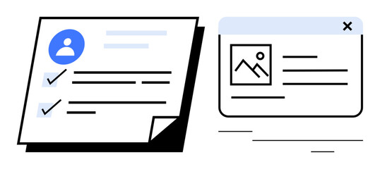 Profile document with checkmarks and web content window with text and image preview. Ideal for data organization, content management, profile setup, user tasks, web design, productivity, simple flat
