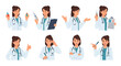 © Langit - Collection of a female doctor character in different poses and actions. Medical professional illustration set.