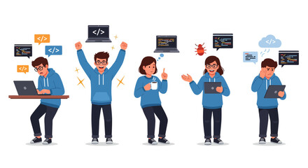 Set of programmer characters illustrating the software development lifecycle. Vector cartoon people coding, debugging, and celebrating project success.