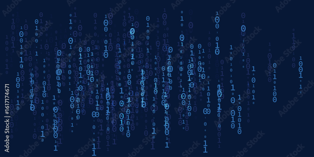Blue binary code background with falling zeros and ones. Digital data ...