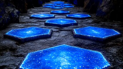 Wall Mural - futuristic path: glowing hexagonal tiles in a dark environment background