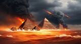 Apocalyptic scene with Egyptian pyramids submerged in fiery, turbulent waters amidst falling meteors and thick, black smoke. Disaster and destruction.