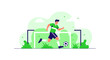 © ISMARITA - A dynamic vector illustration of a soccer player kicking a ball towards a goalpost showcases athletic skill and vibrant energy