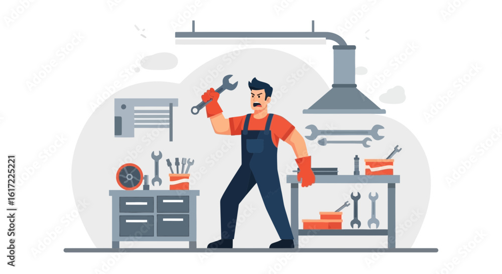 Frustrated Mechanic Raises Wrench in Garage Repair Service Depicting Anger