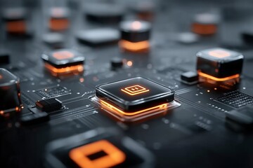 Wall Mural - glowing futuristic circuit board with orange illuminated microchips in high-tech environment
