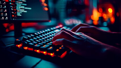 Hands coding on illuminated keyboard at night with abstract monitor glow
