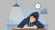 © TITI - Tired Student Studying Late At Night With Dimmed Lamp Cartoon Vector