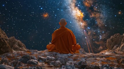 Wall Mural - an depicting a buddhist monk in meditation, seated on rocky terrain with his eyes closed, set agains