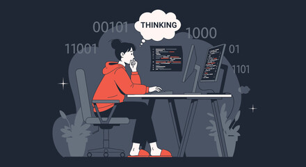 Young Woman Develops Software At Desk Deep In Thought And Code