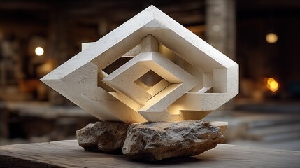 Abstract modern textured geometric sculpture in diamond shape, layered interlocking forms with symmetrical structure, light - colored base against grey background, showcasing intricate surface pattern