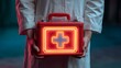 © graphicmount - Person in white coat holding a glowing red first aid kit with a neon cross