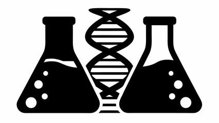 Illustration of two beakers with liquid and bubbles flanking a dna double helix structure in black silhouette